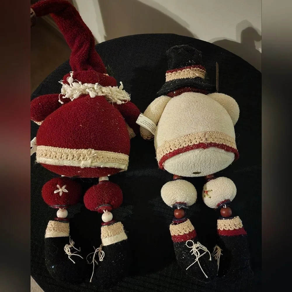 Set of 2 - Plush Santa & Snowman Sitting with Dangle Legs (Beads and Buttons)